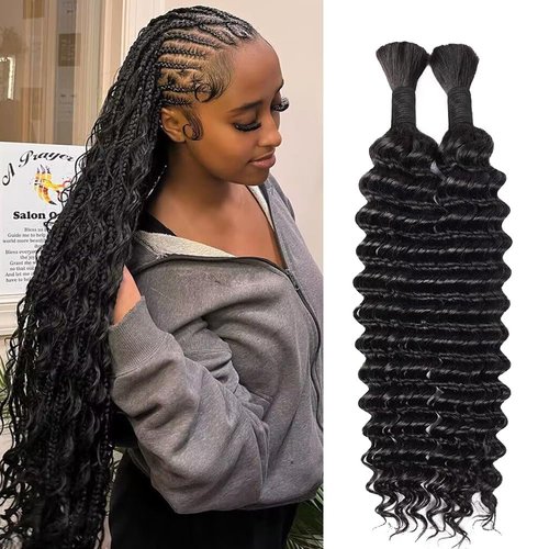 24 Inch Human Braiding Hair for Boho Braids Human Hair 100g 2 Bundles Deep Wave Bulk Human Hair for Braiding No Weft Curly Braiding Hair Bulk Hair Extensions Real Human Hair Natural Color