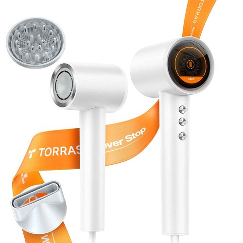 TORRAS Stream High Speed Hair Dryer, Arctic White, 1600W, Hair Care Mode, 200 Millions Ionic Technology, 3 Speeds & 3 Heat Levels, with Concentrator & Diffuser