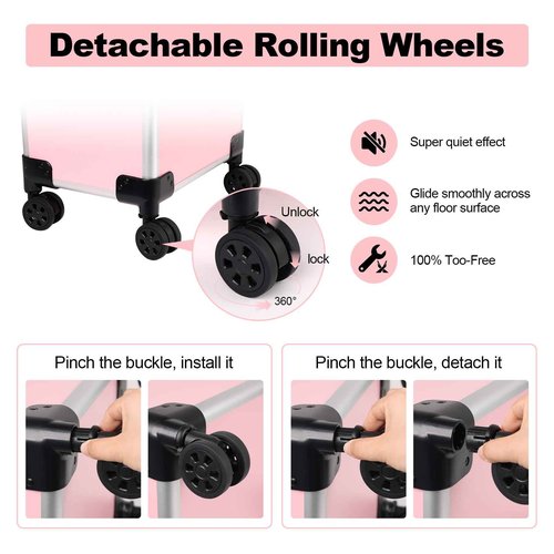 Rolling Makeup Case, Cosmetology Case on Wheels with Large Storage, Durable Design, Ideal Gift for Makeup Artists, Hairstylists, Nail Techs, Portable Beauty Organizer for Travel or Salon Use, Pink