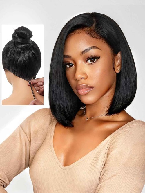 Xinjiju Bob Glueless Wigs Human Hair Pre Plucked Pre Cut 6x4 HD Lace Front Wigs Wear and Go Short Straight Bob Wigs for Black Women 150% Density Natural Black for Daily Use 14 Inch