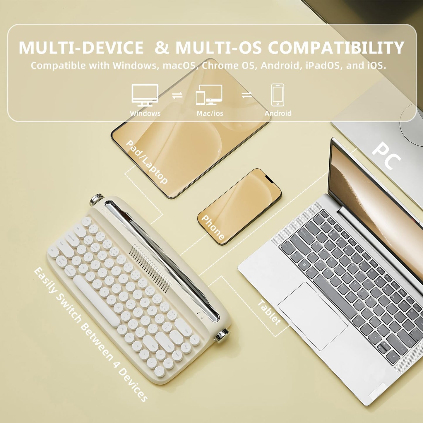 YUNZII Upgraded Wireless Typewriter Keyboard, Retro Aesthetic with Integrated Stand,Cute Round Keycaps, USB-C/Bluetooth Connection for Table, Phone, PC and Win/Mac/Android (B307, Ivory Butter)
