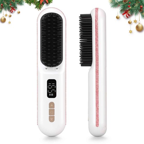 CHRISTINE SHELLY Hair Straightener Brush, Portable Cordless Straightening Brush for Travel, Negative Ion Hot Comb Hair Straightener with 9 Temps for Women, Anti-Scald Ceramic, Fast Charge