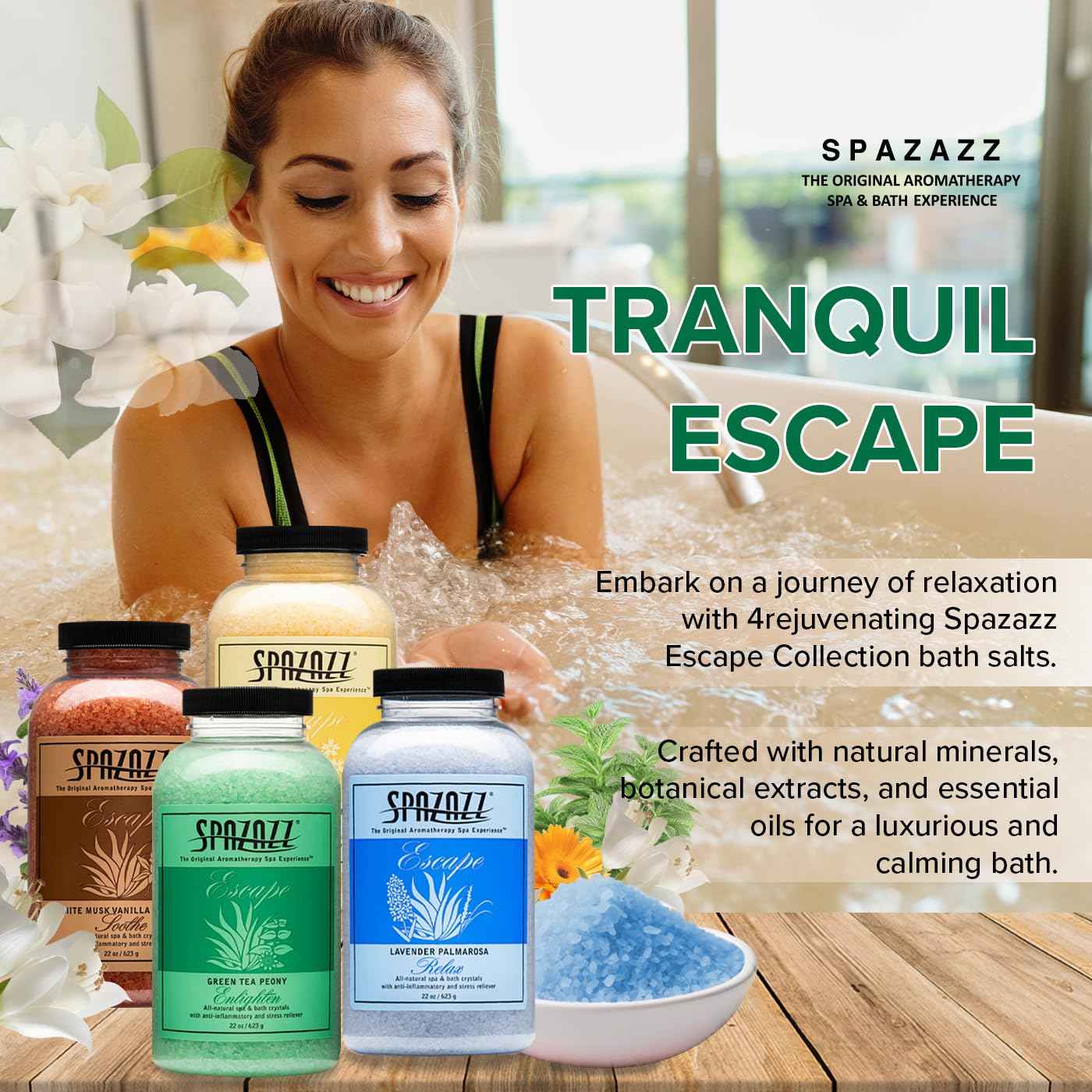 Hot Tub & Spa Bath Salt Aromatherapy Crystals Gift Set - Spazazz Escape Collection Bundle 4-Pack (22oz Each) - Lavender Palmarosa, Verbena Lime Coconut, Green Tea Peony, White Musk Vanilla Jasmine