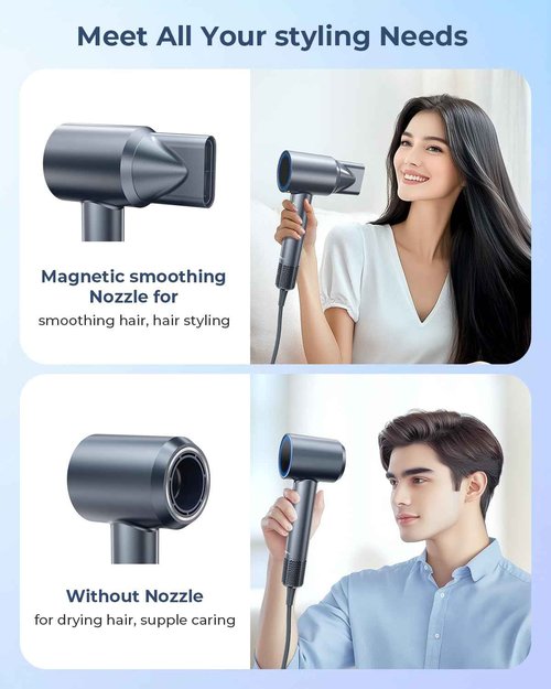 Hair Dryer, 150000 RPM Professional High-Speed Blow Dryer, Negative Ionic Hair Dryer for Fast Drying, Low Noise Thermo-Control HairDryer with Magnetic Nozzle for Home Travel Women Man