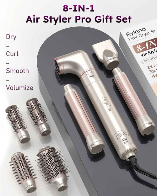 Deluxe 8-in-1 Air Styler Pro 2025 by Rylena, Hair Dryer Brush for Fast Drying, Auto Curling, Smoothing&Volumizing, 8 Attachable Heads, 110,000 RPM High-Speed Multi Styler, 600M Ionic Care, Stone