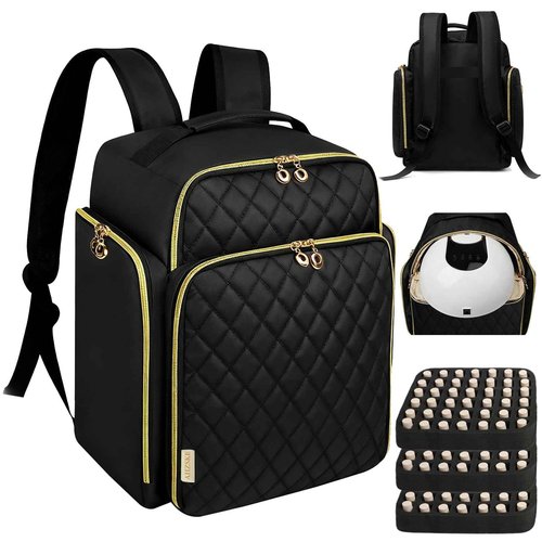 ahzske Nail Polish Organizer Backpack Holds 126 Bottles& Nail Lamp, Extra Large Nail Kit Supplies Organizer Bag with 3 Removable Cases, Portable Nail Organizers and Storage for Travel (Pure Black)