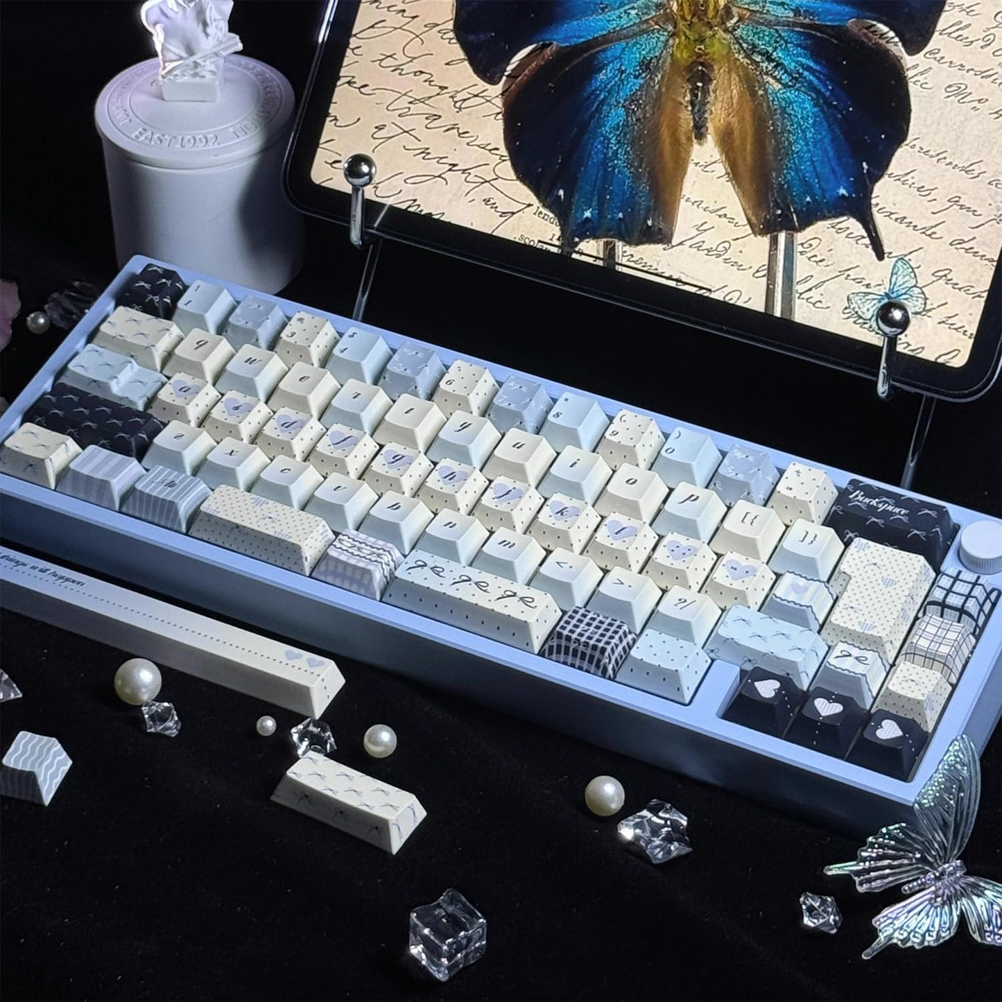 145 Keys PBT Keycap Cherry Profile, Light Blue White Black Bow Aesthetic Dye Sublimation Gaming Custom Keycaps for ANSI/ISO Layout Mechanical Keyboards