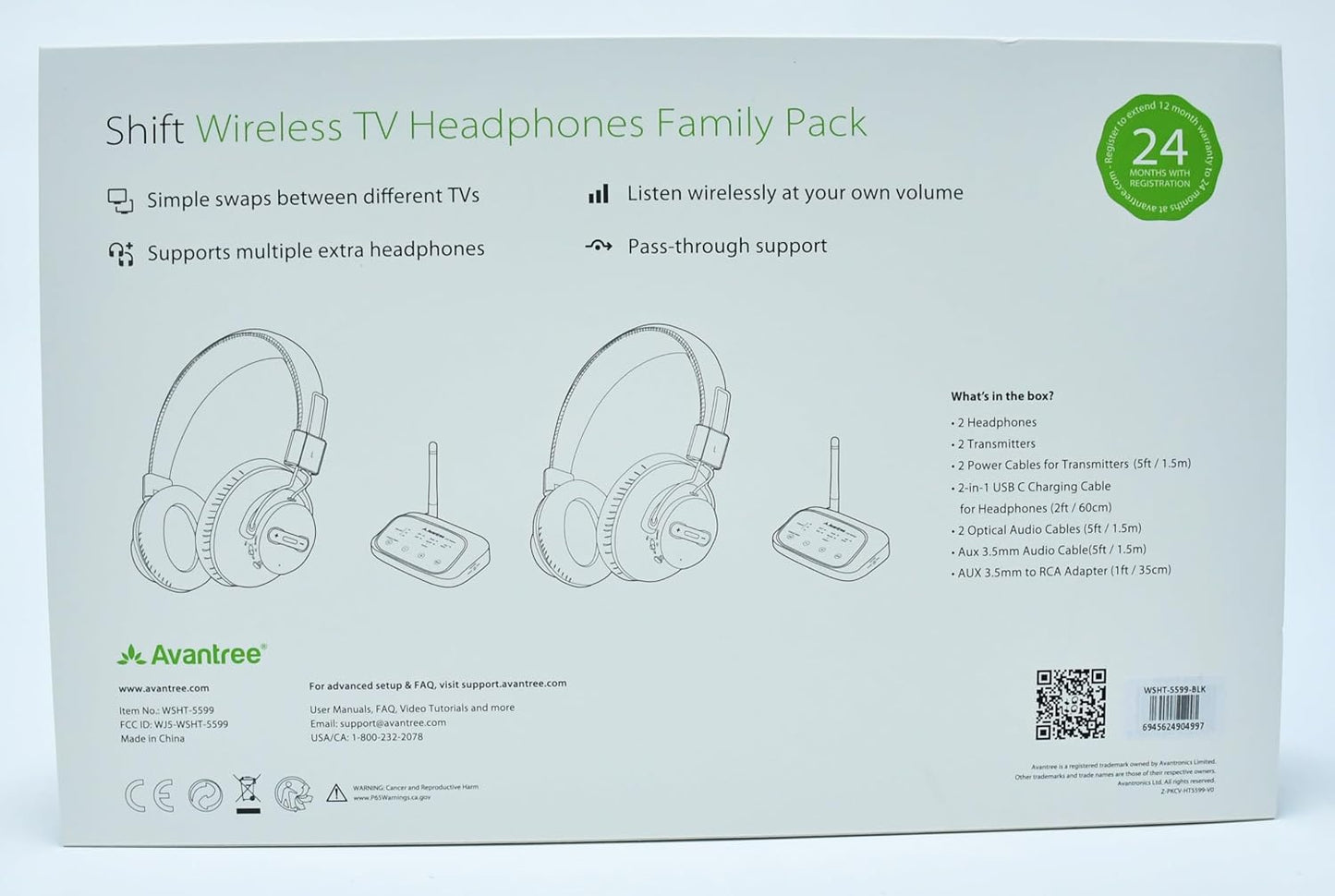 Avantree Shift - Wireless TV Multiple Headphones Pack, Ideal for Watching 2 or More TVs, with Cross-Compatibility, Pass-Through, Long Range, Scalable to 3 Transmitters and 100 Headphones