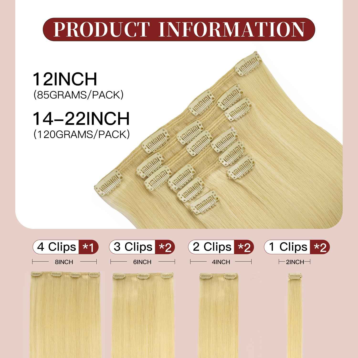 LOVELINE Clip in Hair Extensions Real Human Hair, 100% Remy Human Hair Extensions Clip Ins for Women, 7Pcs 14Inch 120g, Bleach Blonde