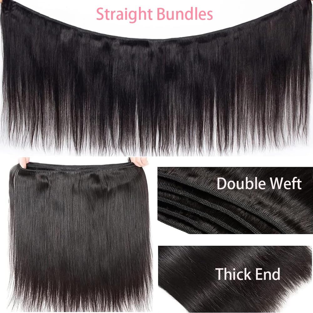 12A Straight Bundles Human Hair,100% Unprocessed Human Hair Brazilian Virgin Straight 3 Bundles Deals Real Natural Black Color Hair Extensions for Women 20 22 24 Inch
