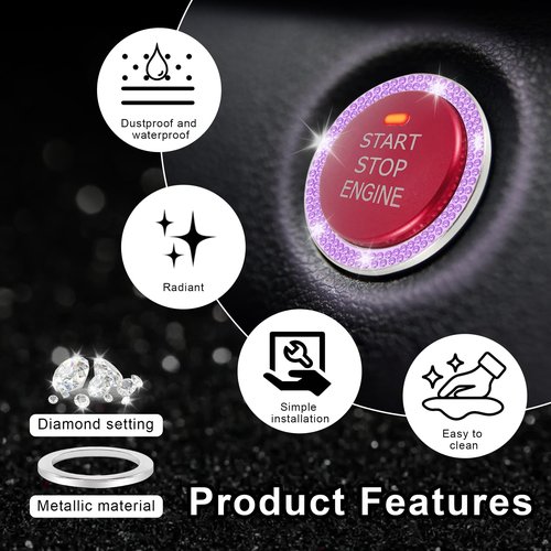 LivTee 2 PCS Crystal Double Rhinestone Car Engine Start Stop Decoration Ring, Bling Car Interior Accessories for Women, Push to Start Button Cover Sticker, Automotive Decals, Purple