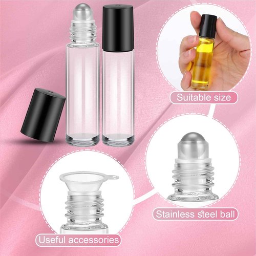 Sumind Essential Oil Roller Bottles - 250 Pcs, 10 ml Glass, Stainless Steel Roller Balls, Leakproof, Funnel Included(Clear)