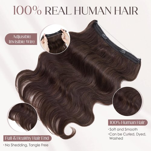 Elailite Halo Hair Extensions Real Human Hair for Women Dark Brown Wavy Hair Halo Clip in Remy Hairpiece with Adjustable Invisible Wire 18 Inch 65G