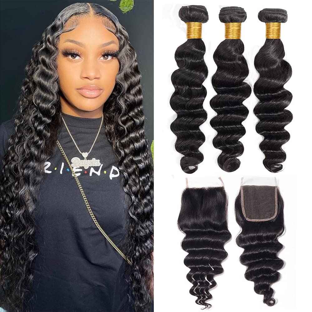 Human Hair Bundles With Lace Closure - Loose Wave, Deep Curly Wave, Big Deep Curly - 3 Bundles With 4X4 Lace Closure (16, 18, 20+14 Inches)