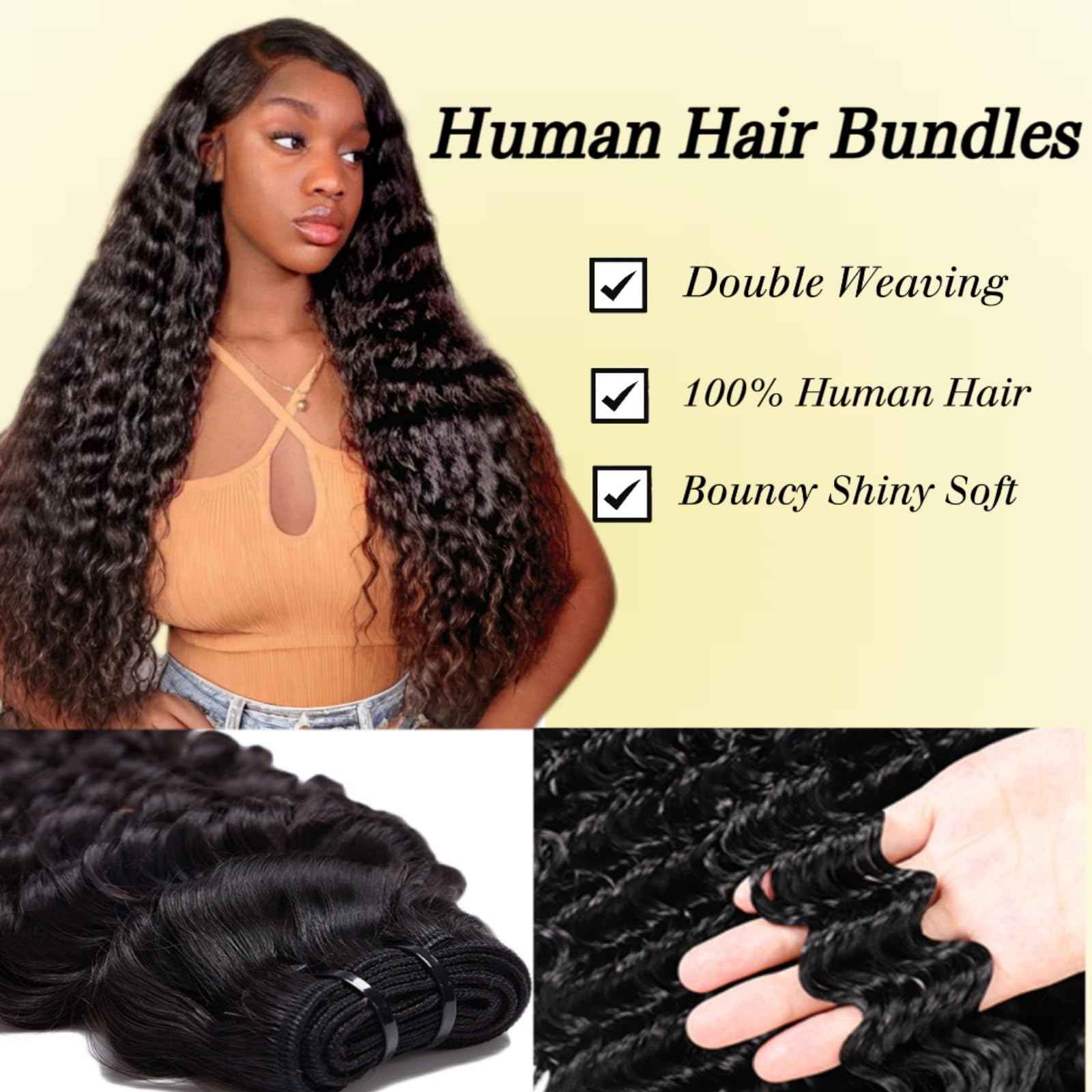 Human Hair Bundles 18 20 22 Inch Deep Wave Bundle 12A Brazilian 100% Unprocessed Virgin Human Hair 3 Bundles Deep Curly Wet and Wavy Human Hair Quick Weave Extensions for Women Natural Black