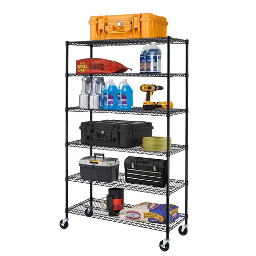 BestOffice | 6-Tier Wire Storage Shelves with Wheels | 18x48x77 | Black | Adjustable Racks | Heavy-Duty Metal Shelf, Holds Upto 600 lbs | No-Tool Assembly | Ideal for Home & Garage Shelving