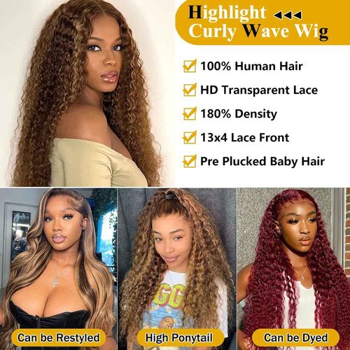 ZAMSTA Honey Blonde Curly Wig Human Hair 13x4 HD Highlight Ombre 4/27 Deep Wave Lace Front Wigs Human Hair Pre Plucked 180% Density Glueless Colored Wigs for Women Wet and Wavy Lace Front Wigs 26 Inch
