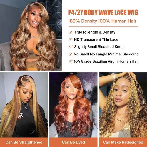 vivehebe Ombre Lace Front Wig Human Hair 26Inch Highlight Wig Human Hair 13x4 HD Transparent Body Wave 180% Density Honey Blonde Human Hair Wigs for Women Pre Plucked