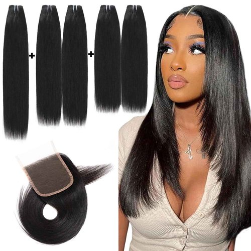 12 inch 14 inch 16 inch short hair bundles 10A Brazilian Straight Virgin Hair 5 Bundles with Closure Straight Hair 100% Unprocessed Straight Human Hair Extensions 50g/Pcs Natural color
