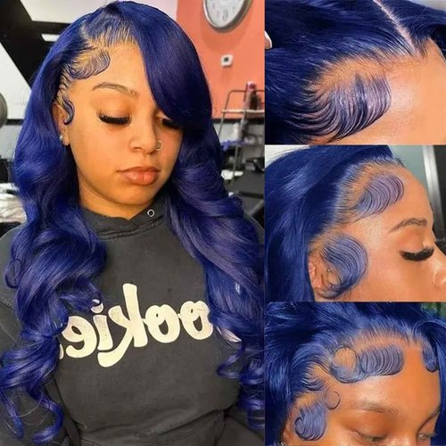 Dorashion Drak Blue 13x4 Body Wave Lace Front Wigs Human Hair 16 Inch 180 Density Glueless HD Transparent Lace Frontal Wigs Human Hair Pre Plucked With Baby Hair Blue Wigs For Women