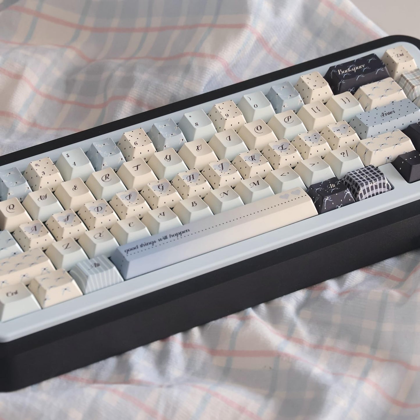 145 Keys PBT Keycap Cherry Profile, Light Blue White Black Bow Aesthetic Dye Sublimation Gaming Custom Keycaps for ANSI/ISO Layout Mechanical Keyboards