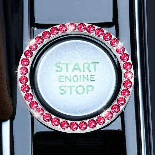 LivTee 2 PCS Crystal Rhinestone Car Engine Start Stop Decoration Ring, Bling Car Interior Accessories for Women, Push to Start Button Cover Sticker, Automotive Decals, Red