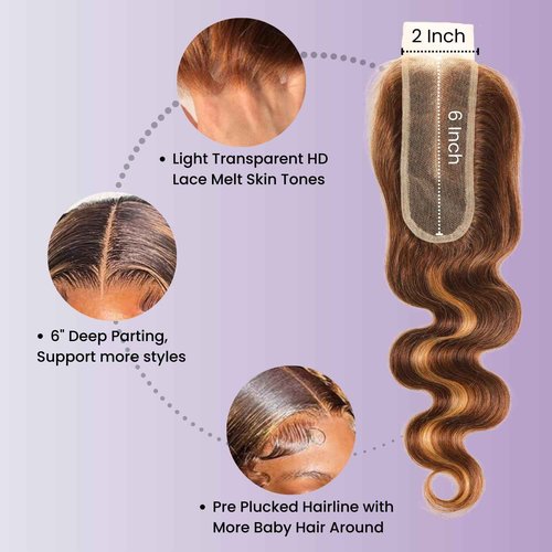 AUROO 12A Honey Blonde Highlight Human Hair Bundles With 2x6 HD Closure Body Wave,100% Virgin P4/27 Ombre Brown Weaves 3 Bundles with Kim K Long Deep Part 2x6 Lace Closure Pre Plucked Remy 10 12 14+10