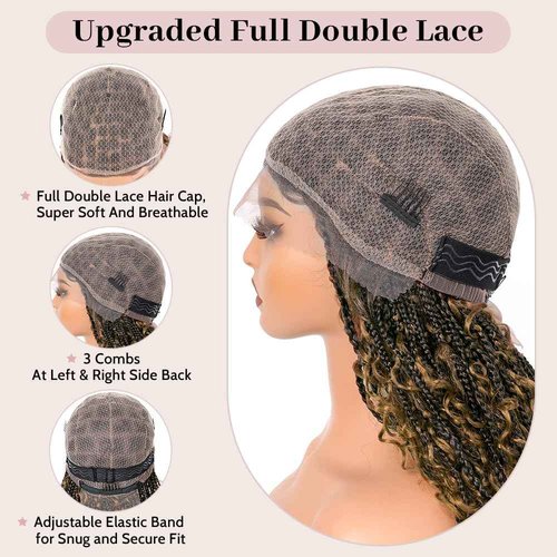 Suntefic Boho Box Braided Wigs for Black Women Glueless Double Full Lace Human Hair Blended Lightweight Hand Braid Wig with Baby Hair (4-#27, 28 In)