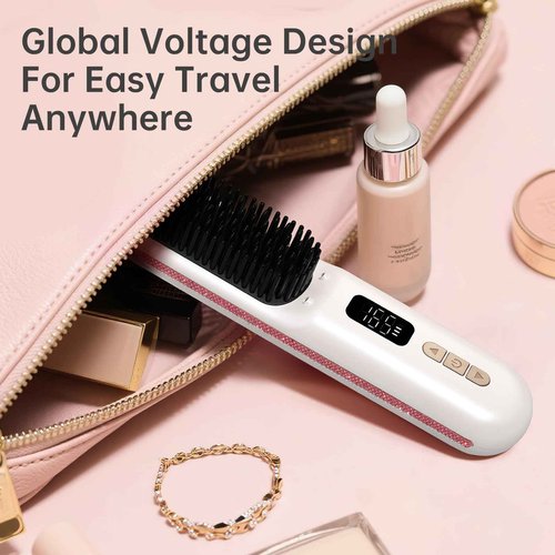 CHRISTINE SHELLY Hair Straightener Brush, Portable Cordless Straightening Brush for Travel, Negative Ion Hot Comb Hair Straightener with 9 Temps for Women, Anti-Scald Ceramic, Fast Charge