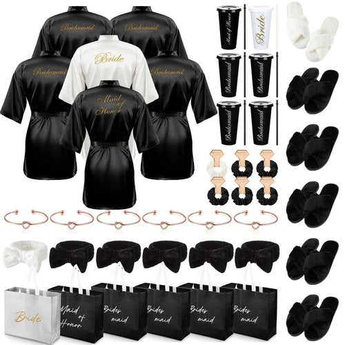 Shyyween 42 Pcs Bridesmaid Bride Robes Set of 6 Bridal Party Silk Satin Robes for Wedding Bachelorette Party Gifts(White,Black)
