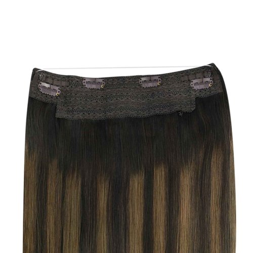 Ugeat Invisible Wire Hair Extensions Real Human Hair Brown Ombre Fishing Wire Human Hair Extensions Darkest Brown to Medium Brown Balayage Long Straight Full Head 20 Inch 95g