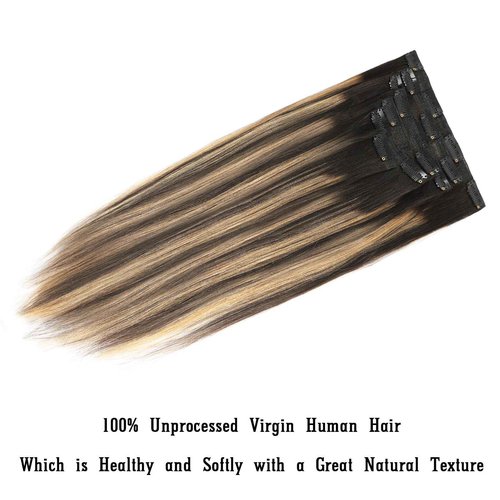 Lovrio Yaki Clip in Hair Extensions Human Hair Root Natural Black #1B to Caramel Blonde #27 Yaki Straight Clip ins Human Hair Double Weft Light Yaki Clip ins Full Head 14inch 7 Pcs With 17 Clips 120G
