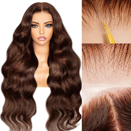 EARLR Chocolate Brown Lace Front Wig 24 Inch Chocolate Brown Human Hair Wig 7x5 Brown Glueless Human Hair Pre Plucked Pre Cut 200% Density Body Wave Glueless Dark Brown Wig for Women