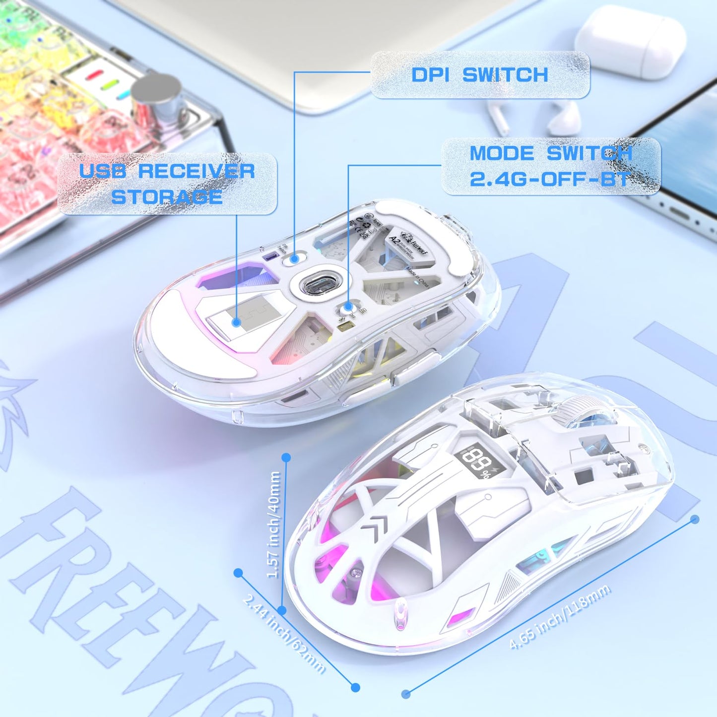 ZIYOU LANG A2 Transparent Wireless Gaming Mouse with Battery Level Display,Bluetooth/2.4G Wireless PC Mice,3D RGB Backlit,5 Million Clicks,PixArt 3212,up to 4000 DPI for Win/MAC (White)