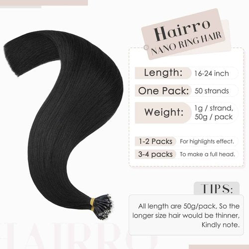 Hairro Nano Beaded Human Hair Extensions Pre Bonded Cold Fushion Nano Bead Nano Ring Keratin Tip Remy Hair Extensions For Women 24inch 50g/PACK 50 Strands #01 Natural Black