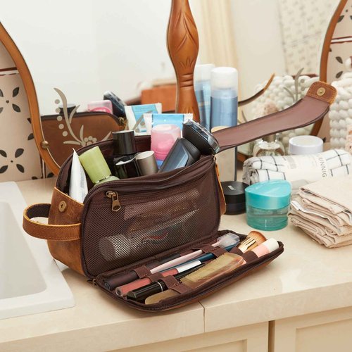DENGFENGZHE Toiletry Bag for Men, Full Grain Leather Travel Pouch Shaving Dopp Kit Bathroom Toiletries Organizer Bags, Brown