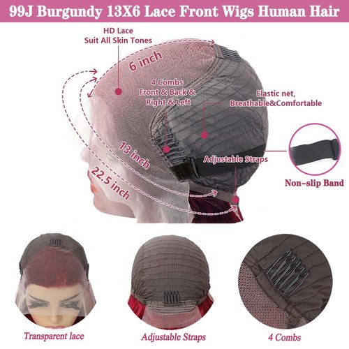 JTMMP 28 Inch 99J Burgundy Lace Front Wigs Human Hair 13X6 Body Wave Lace Front Wigs Human Hair 200% Density HD Transparent Lace Frontal Wigs Human Hair Pre Plucked