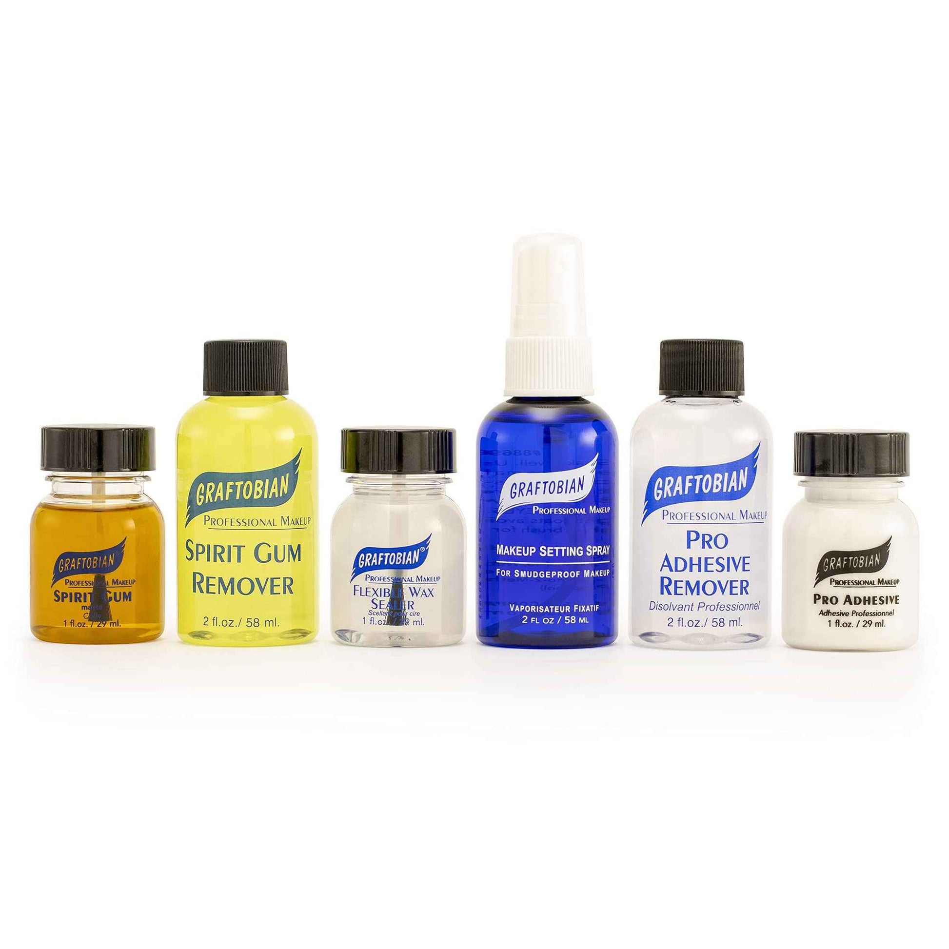 Graftobian Deluxe Adhesives Kit for Special Effects Makeup - Apply Prosthetics and Hair - Set and Seal FX Makeup - Includes Spirit Gum & Remover, Pro Adhesive & Remover, Flexible Wax Sealer & Setting Spray