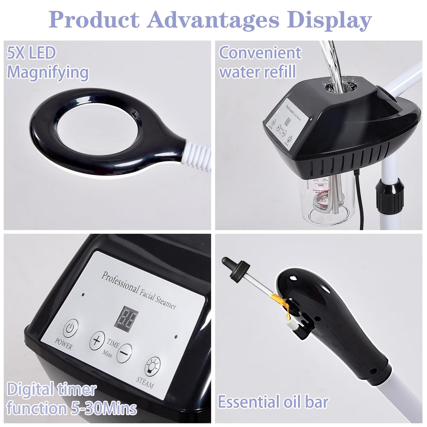 Professional Facial Steamer, 2 in 1 Facial Steamer with 5X Magnifying Lamp for Deep Cleansing and Hydration, Face Steamer on Wheels with Time Setting, Estheticians Steamer for Spa, Salon and Home Use