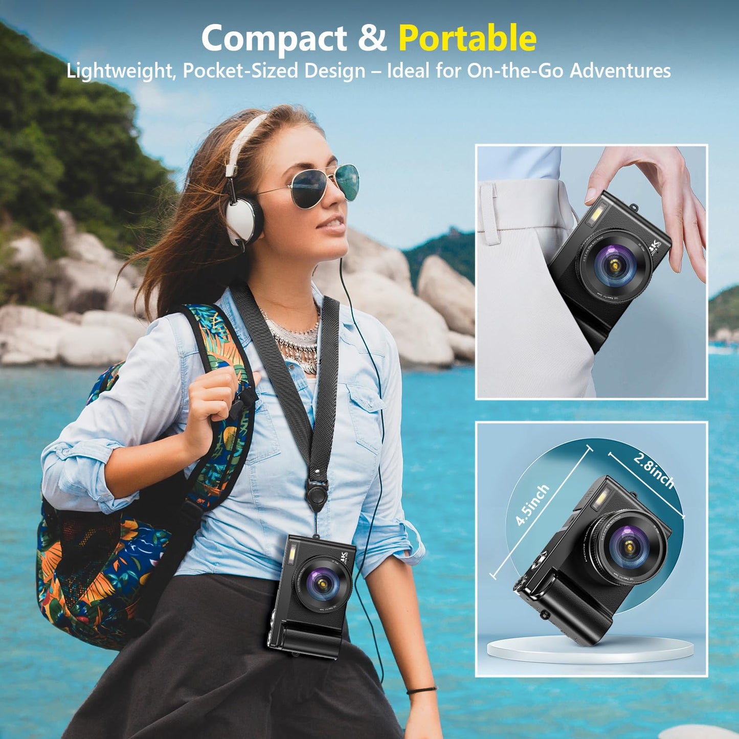 4K Digital Camera for Photography Autofocus, Upgraded 64MP WiFi Vlogging Camera for YouTube with 3" 180° Flip Screen, 16X Zoom, Compact Travel Cameras for Beginners with 32GB Card, 2 Batteries, Black