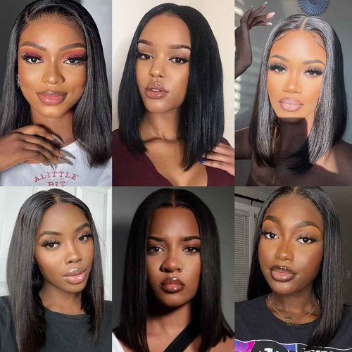 MUXFILLA 14 Inch Bob Wig Human Hair 13x4 HD Lace Front Wigs Pre Plucked Long Straight Hair Replacement Lace Frontal for Black Women 200% Density Glueless with Elastic Band, Nature Black