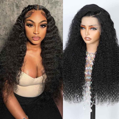 Dokihis 13x6 Deep Wave Lace Front Wigs Human Hair 26 Inch 200 Density HD Lace Frontal Glueless Wigs Human Hair Pre Plucked Deep Curly Wig with Baby Hair Natural Black
