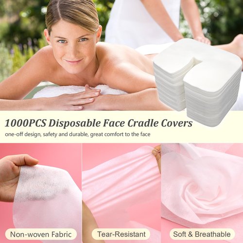 1000 count Disposable Face Cradle Covers Non-Sticking Disposable Massage Headrest Covers Ultra Soft Medical-Grade SPA Face Rest Covers Headrest Covers for Massage Table Chairs 14.2" x 10.6" (1000Pcs)