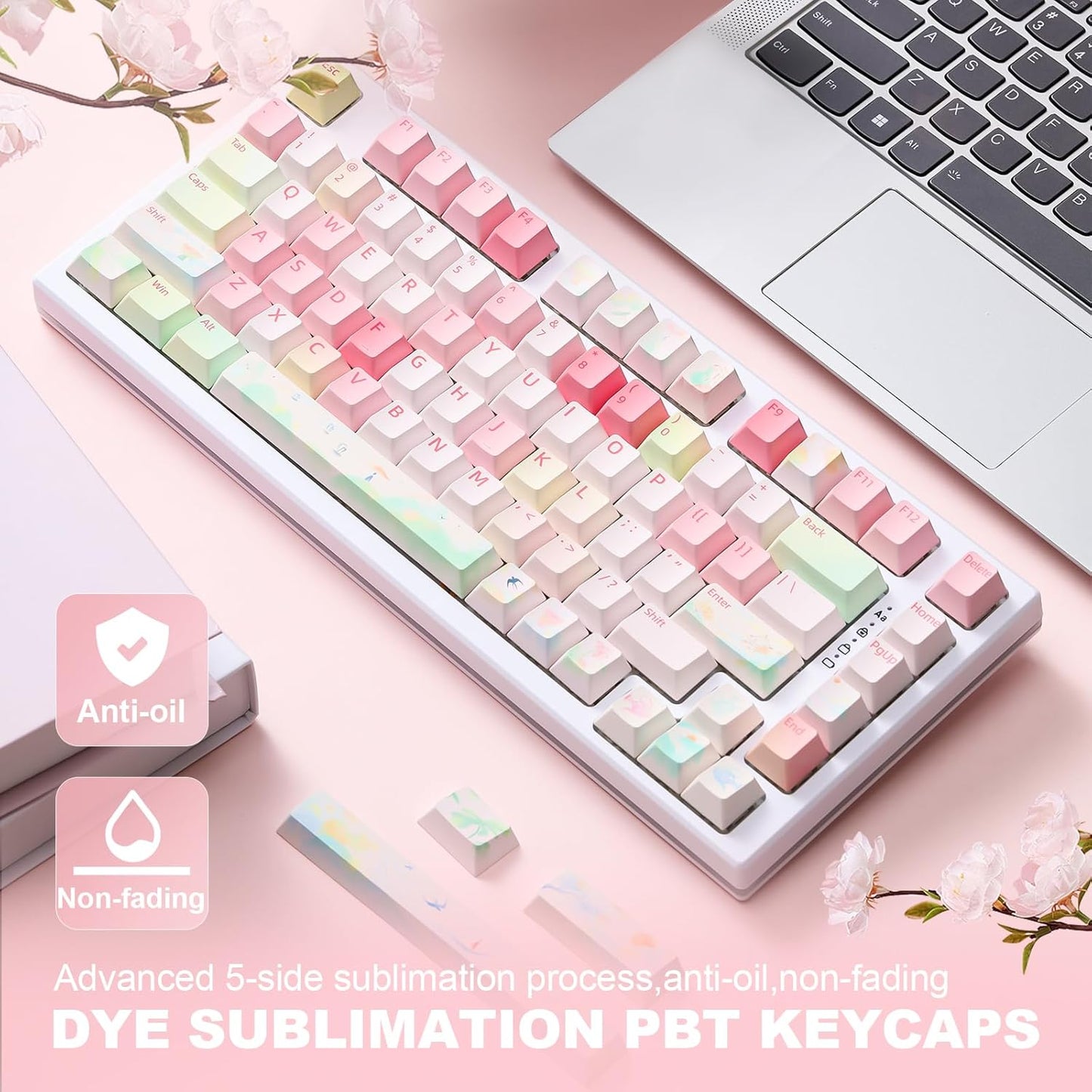 YUNZII Spring Tea Dye Sub PBT Keycaps,145 Full Keys Dye Sublimation PBT Custom Keycap Set with Key Puller for Cherry Gateron MX Switches Mechanical Gaming Keyboard (Cherry Profile, Spring Tea)