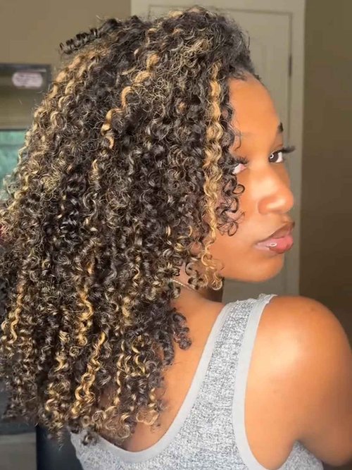 Ashart Highlight Brown Ombre Kinky Curly Half Wig Human Hair 2/30 Color 18 Inch 3 in 1 Seamless Flip Over Half Wigs for Black Women Glueless Wear and Go Elastic Drawstring 180% Density Human Hair Wig