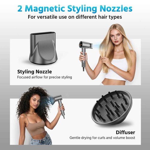 High Speed Hair Dryer 160000 RPM - Quiet Ionic Blow Dryer with Magnetic Diffuser & Concentrator, Fast Drying, Lightweight, Smart Thermo-Control, 500 Million Negative Ions for Home, Travel & Salon