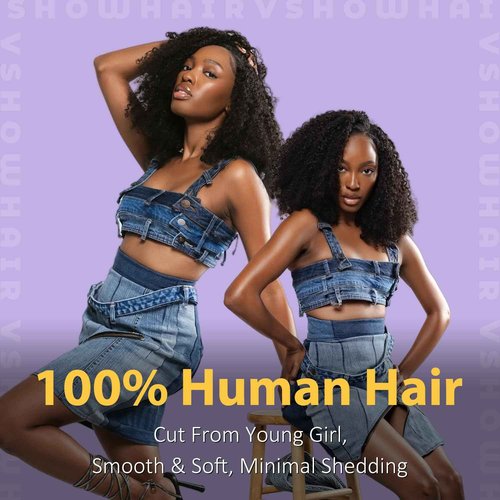 V SHOW Afro Curly 3 In 1 Half Wig Human Hair Elastic Drawstring Wear Go Glueless Kinky Curly Human Hair Half Wigs Friendly To Beginners 180% Density Natural Hairline Flip Over Wig 16Inch