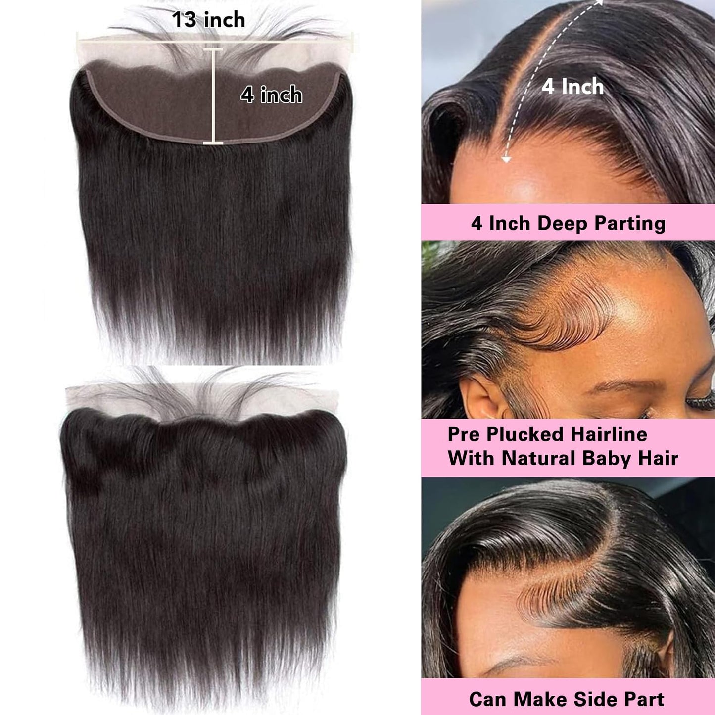 13x4 Lace Frontal Closure Straight Human Hair Ear to Ear HD Lace Free Part Brazilian Hair Extensions 0.095 mm Ultra Thin Invisible Lace Closure Pre Plucked Natural Hairline with Baby Hair 14Inch