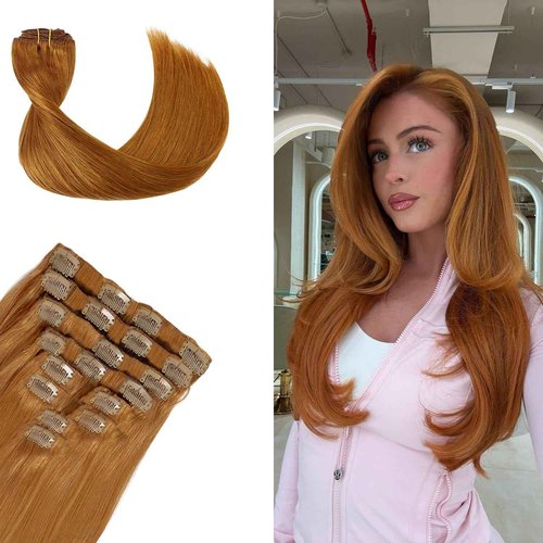 Ailiceehr Remy Hair Extensions clip ins Hair Etensions for Women #30 Light GInger Brown Double Weft Natural Hair Extensions Straight 8Pcs Soft and Thick 24inch 110g