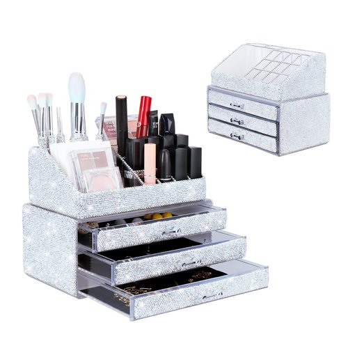 KEYPOWER Makeup Organizers Drawer Bling Diamond,Fashion Countertop Jewelry Cosmetic Storage Display Boxes,Makeup Brush Holder, Cosmetic Holder,2 Pieces Set(Purely Handmade)(White)